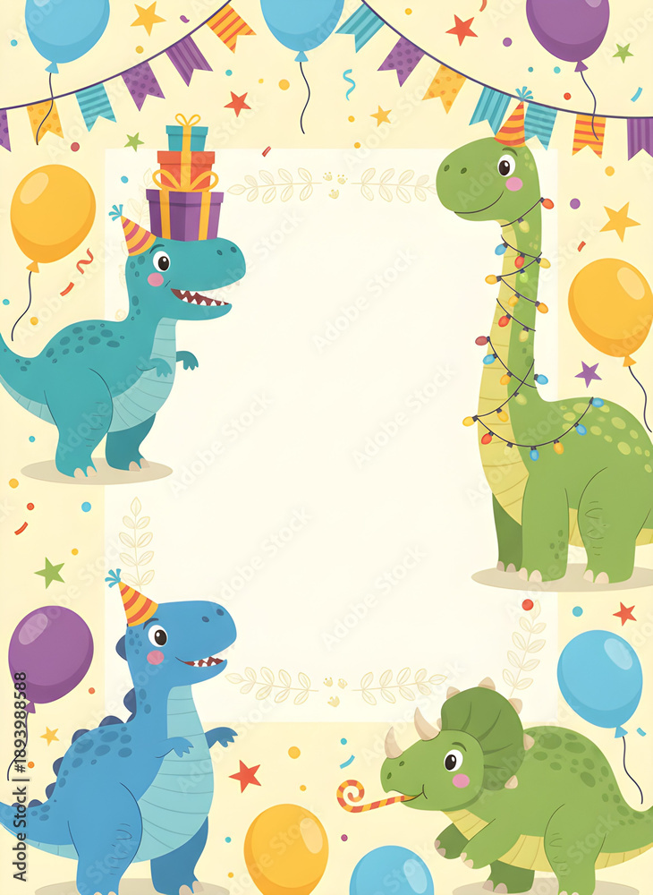 Naklejka premium Cute Cartoon Dinosaur Birthday Invitation Frame with Colorful Balloons and Party Bunting.