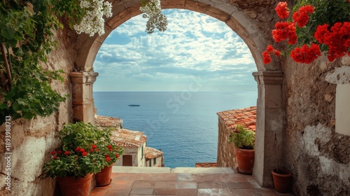 Archway View of Italian Coastal Village and Ocean stone
