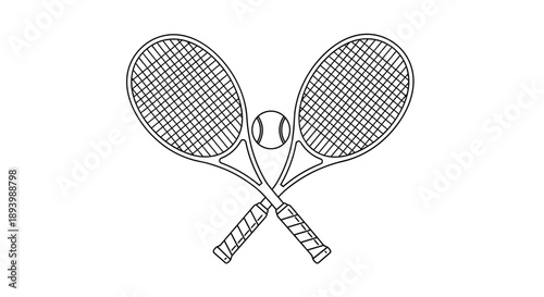 Two crossed tennis rackets with ball line art