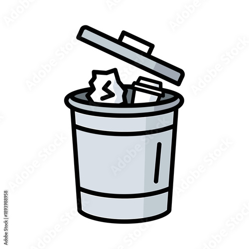 Icon of a Trash Bin with Paper Waste and Lid Open, Symbolizing Waste Disposal and Recycling Concepts