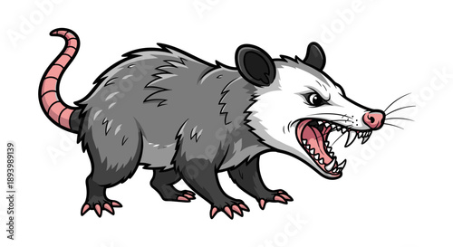 Angry opossum snarling in defensive posture