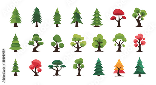 Large set of stylized flat design trees featuring various shapes and colors for landscape and environment maps.