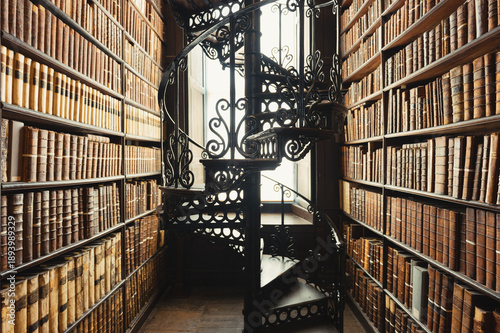 Old library with spiral staircase and antique books.