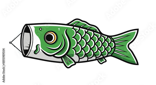 A green carp streamer, known as koinobori, depicted in a stylized illustration against a white.