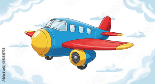 A whimsical cartoon airplane with blue fuselage, red wings, and a yellow nose flies through fluffy.