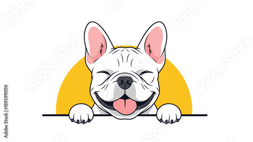 Smiling white french bulldog peeking from behind a border with eyes closed against a bright yellow circular background.