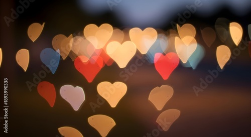 Blurry colorful heart shaped lights on a dark background