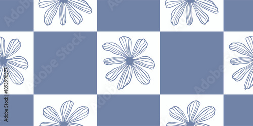 Abstract daisy flower vector seamless pattern on Checkered background. Blue vichy geometric ornament of floral elements. Groovy hand drawn print of linen chamomile plant for fabric, towel, tablecloth
