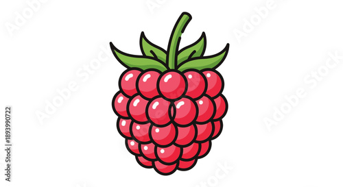 A bright red raspberry with green leaves and stem, depicted in a simple cartoon style.