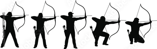 Archer silhouette sequence showing different shooting stances with bow and arrow, isolated black figures for sport, hunting, and archery concepts