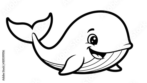 Charming cartoon whale illustration in black and white ideal for children's books and educational