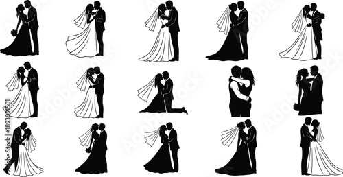 Wedding couple silhouette icon set, romantic pose, bride groom, love moment, marriage celebration, vector illustration, black pictogram, ceremony, embrace, kiss