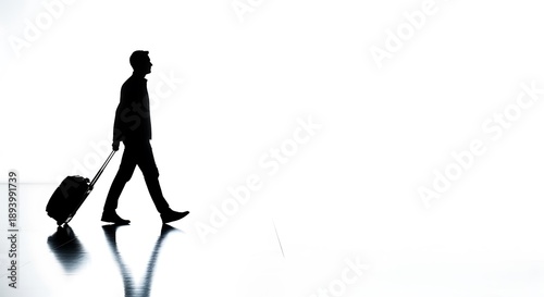 Silhouette of a man walking with a suitcase in an airport