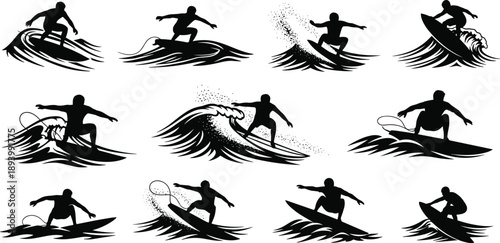Surfing silhouette icon set, wave riding, surfboard tricks, ocean sport, beach action, water movement, vector illustration, black pictogram, balance, motion