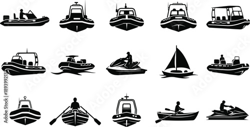Watercraft silhouette icon set, inflatable boat, motorboat, jet ski, sailboat, rowboat, pontoon, marine transport, vector illustration, black pictogram