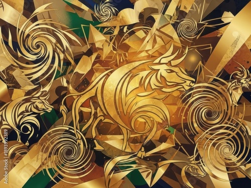 Golden Zodiac Bull Illustration With Swirling Patterns And Abstract Shapes