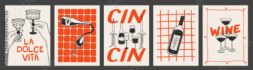 Hand drawn outline posters set of wine with lettering. La dolce vita doodle illustrations with bottles and glasses of wine. Vintage contemporary design for kitchen wall art, print, menu, interior