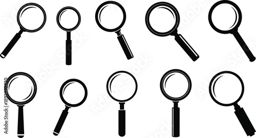 Magnifying glass icon set, inspection tool, search symbol, lens variation, black silhouette, vector illustration, analysis concept, minimal design