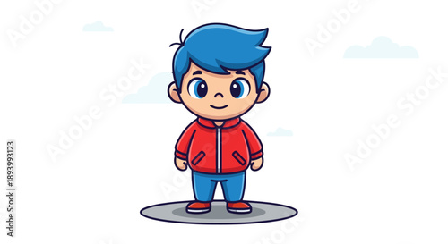 A cheerful cartoon boy with blue hair and a red jacket stands on a circular platform.