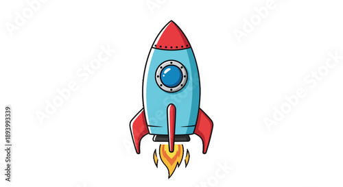 A cartoon rocket ship blasts off with fiery exhaust flames from its engines.