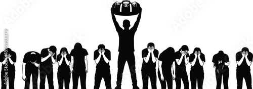 Black and white silhouette of a crowd in distress with one person triumphantly holding a bag above a group of crying people.