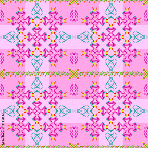 Colorful folk art seamless pattern with pink floral and tree motifs, vibrant ethnic cross-stitch embroidery for kids fashion, summer textile, kitsch decor, and playful stationery design.