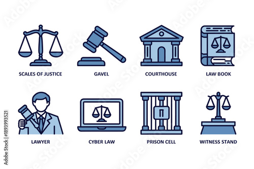 Law and justice system icons set with various legal symbols  scales gavel courthouse