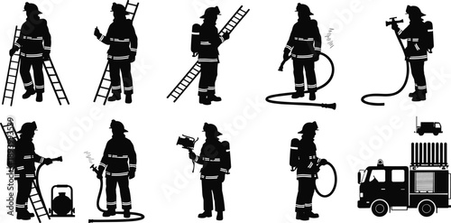 Firefighter silhouette icon set, fire hose, ladder, emergency response, rescue gear, fire truck, vector illustration, black pictogram, safety equipment