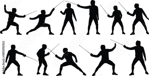 Fencing silhouette icon set, sword fighting, duel stance, athletic pose, martial art, vector illustration, black pictogram, sport action, technique