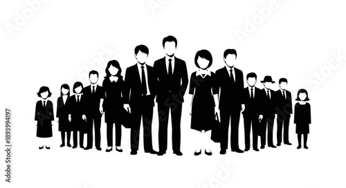 Diverse group of people in formal attire standing together.