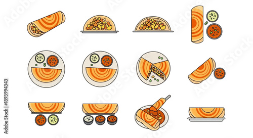 Masala Dosa Vector Icon Set, South Indian Food Illustrations, Crispy Crepe with Chutney and Sambar, Indian Breakfast Cuisine Elements