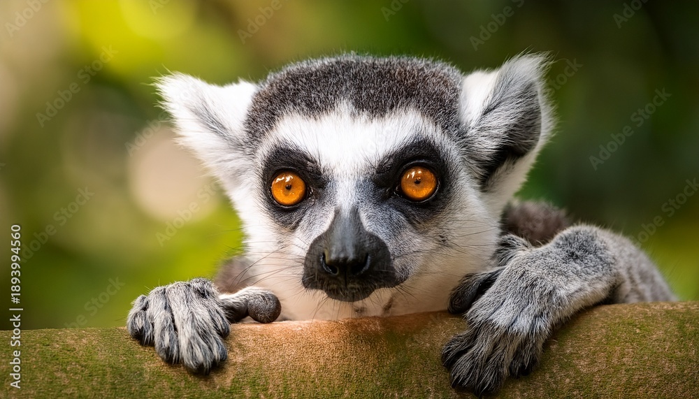 Obraz premium Lemur Detailed And Close Up Potrait In Green Tree Forest Habitat Background