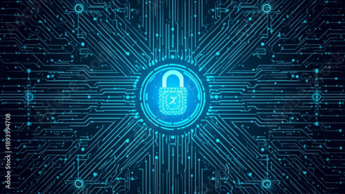 Secure digital padlock on futuristic circuit board background
