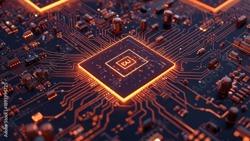 Close-up of glowing microchip on modern circuit board with orange lights