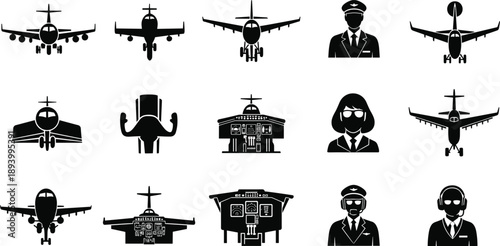 Aviation cockpit and pilot icon set, airplane front view, aircraft control panel, flight crew, vector illustration, black pictogram, travel