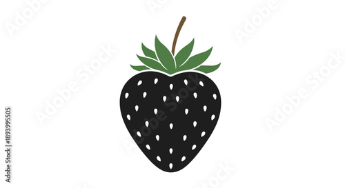 A black strawberry with white seeds and green leaves is depicted against a white backdrop.
