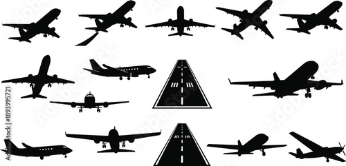 Airplane and runway silhouette icon set, aviation graphic, aircraft types, flight operation, airport layout, vector illustration, black pictogram, travel