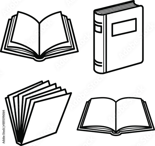 Vector Line Art Book Icons Set Representing Education, Reading, and Learning Concepts, Ideal for Digital Design, Study, and Knowledge Themes