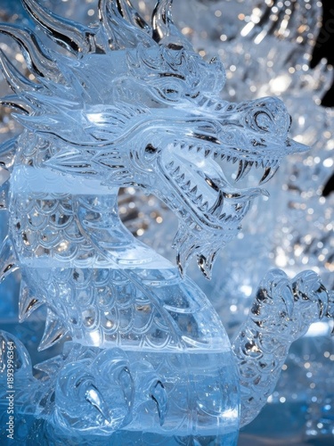 Ice Dragon Sculpture Close-Up With Sharp Teeth And Flames