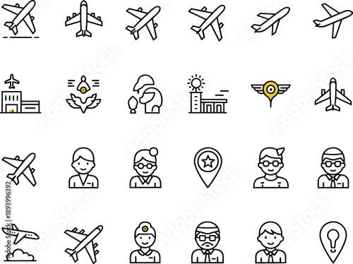 Black and yellow line vector icon set featuring airplanes airport buildings pilots and flight attendants for travel tourism aviation industry and transport branding design,