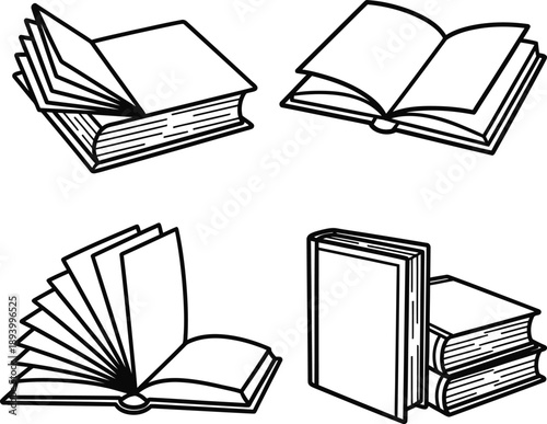 Collection of Simple Line Art Book Illustrations for Education, Reading, and Knowledge Concepts