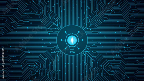 Futuristic circuit board with glowing blue light and STA logo