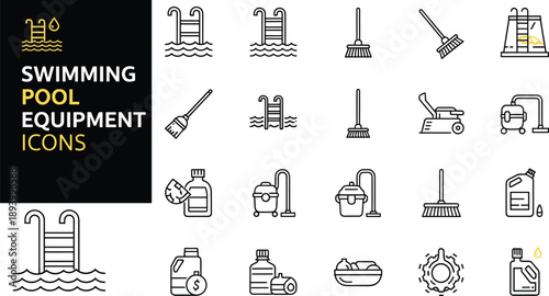 Large set of black and white line icons featuring swimming pool equipment including ladders cleaning brushes vacuum systems and chemical maintenance bottles for professional pool services