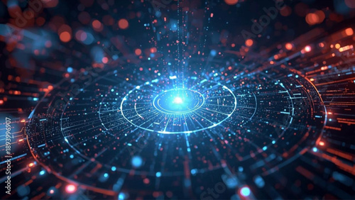 Vibrant digital network hub with glowing blue light and dynamic data flow