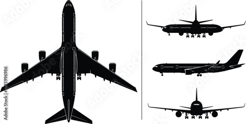Commercial airplane silhouettes set, passenger jet top front side views, aviation transport aircraft, black vector illustration isolated