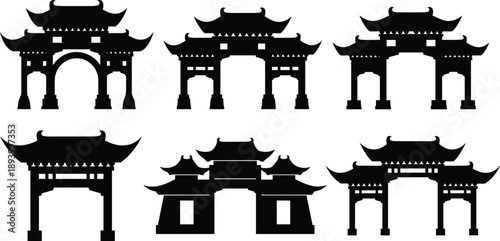 Asian, Temple, Gate, Pagoda, Architecture, Traditional, Oriental, Chinese, Japanese, Landmark, Cultural, Heritage, Entrance, Pavilion, Silhouette, Vector, Illustration, Black, Set, Collection