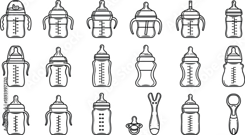 Baby, Bottle, Feeding, Infant, Newborn, Toddler, Pacifier, Teether, Milk, Nutrition, Care, Child, Motherhood, Parenthood, Silicone, Plastic, Measurement, Icon, Vector, Set