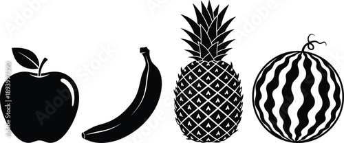 Fruit Fruits Apple Banana Pineapple Watermelon Food Healthy Nutrition Fresh Organic Vegan Diet Tropical Vector Illustration Silhouette Icon Collection