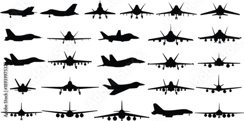Military jet aircraft silhouettes collection, fighter plane front side rear views, aviation defense black vector illustration