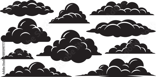 Collection of Various Black Cloud Shapes and Sizes Illustration